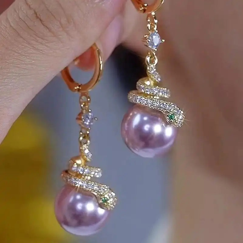 Purple Snake Pearl Hoop Earrings