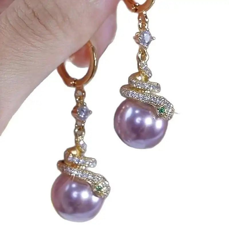 Purple Snake Pearl Hoop Earrings