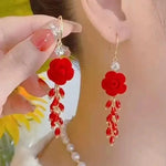 Red Beaded Rose Flower Tassel Drop Earrings