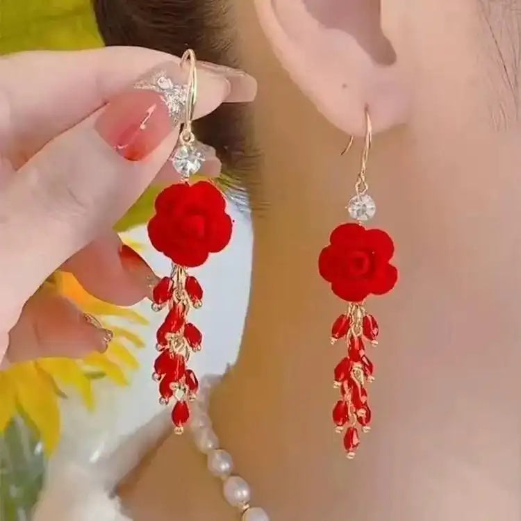 Red Beaded Rose Flower Tassel Drop Earrings