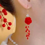 Red Beaded Rose Flower Tassel Drop Earrings