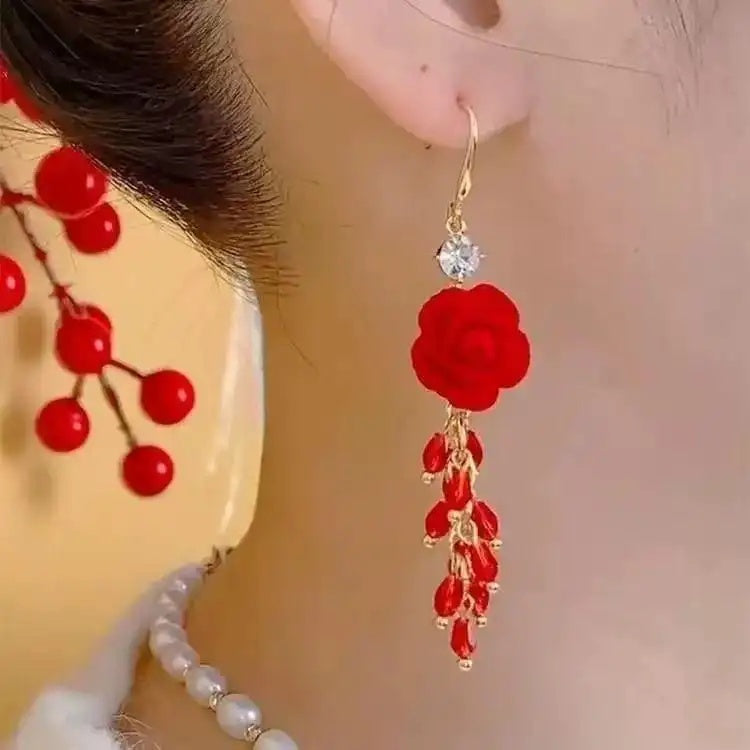 Red Beaded Rose Flower Tassel Drop Earrings