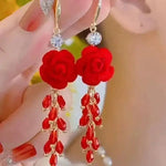 Red Beaded Rose Flower Tassel Drop Earrings