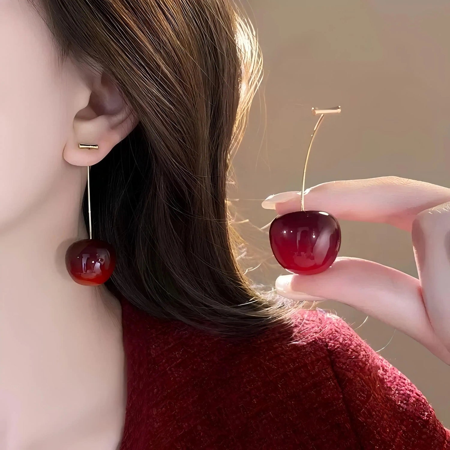 Red Cherry Fruit Long Cute Drop Earrings