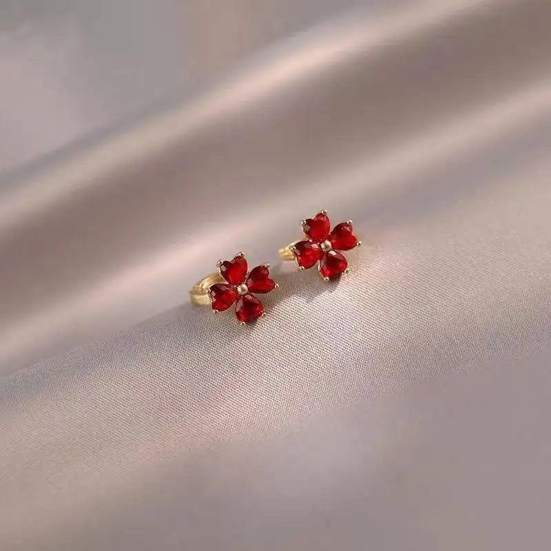 Red Crystal Flower Small Hoop Earrings