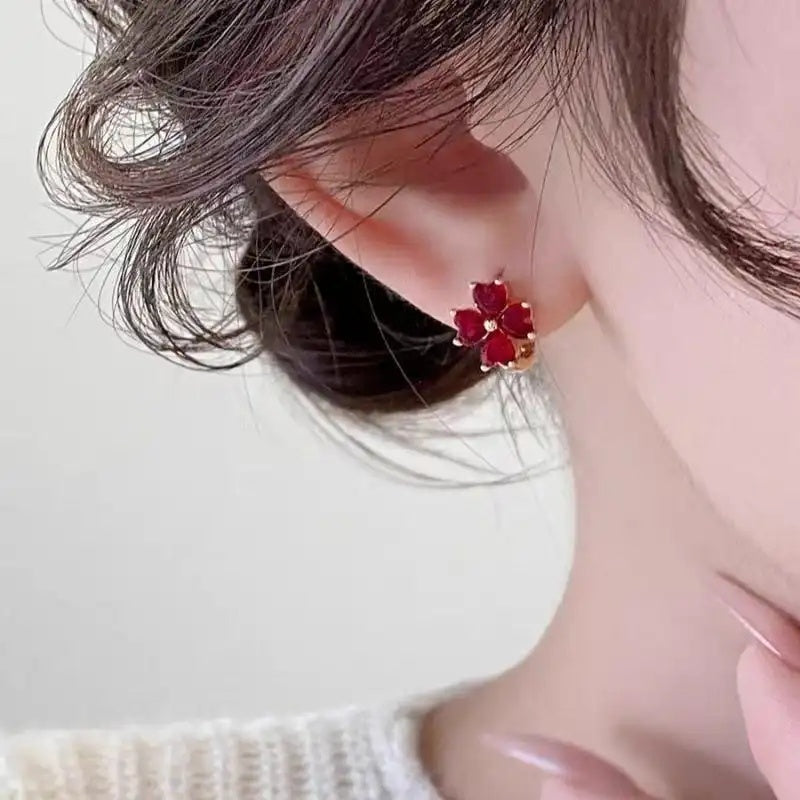 Red Crystal Flower Small Hoop Earrings