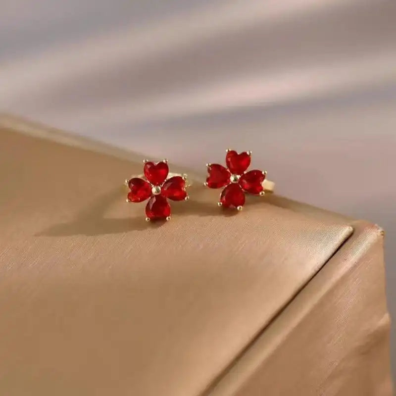 Red Crystal Flower Small Hoop Earrings