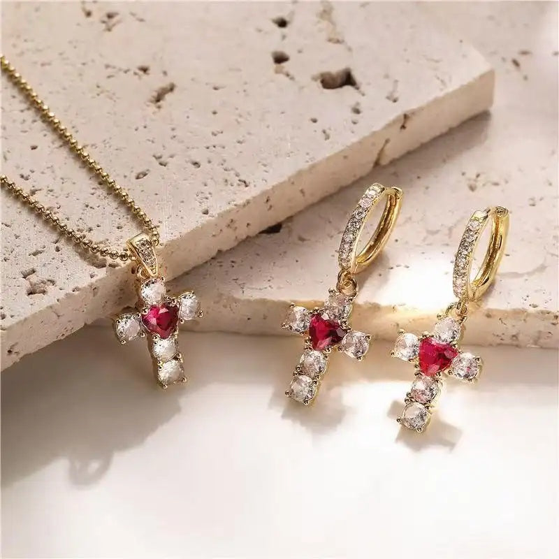 Red Crystal Heart Cross Jewelry Set