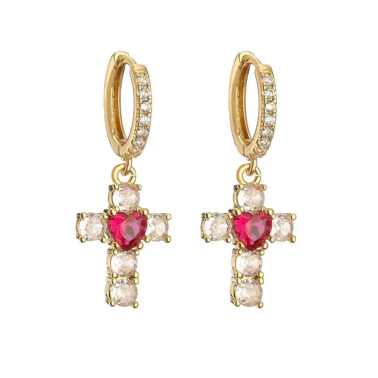 Red Crystal Heart Cross Necklace Set
