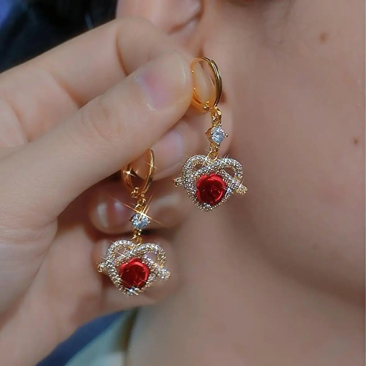 Red Crystal Heart Hoop Earrings