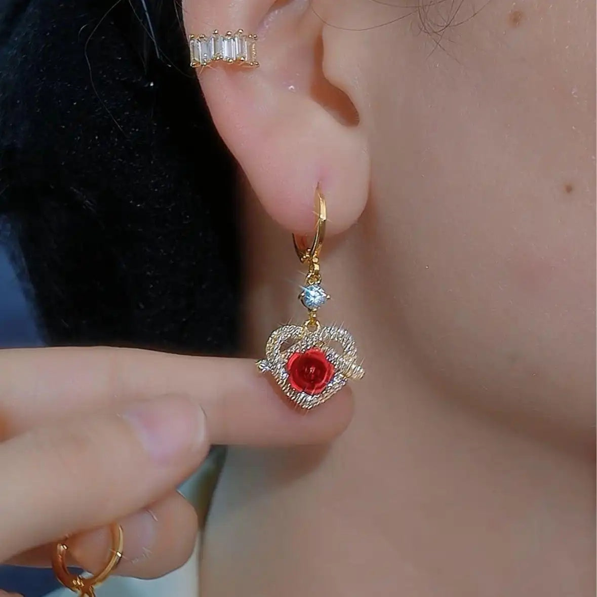 Red Crystal Heart Hoop Earrings