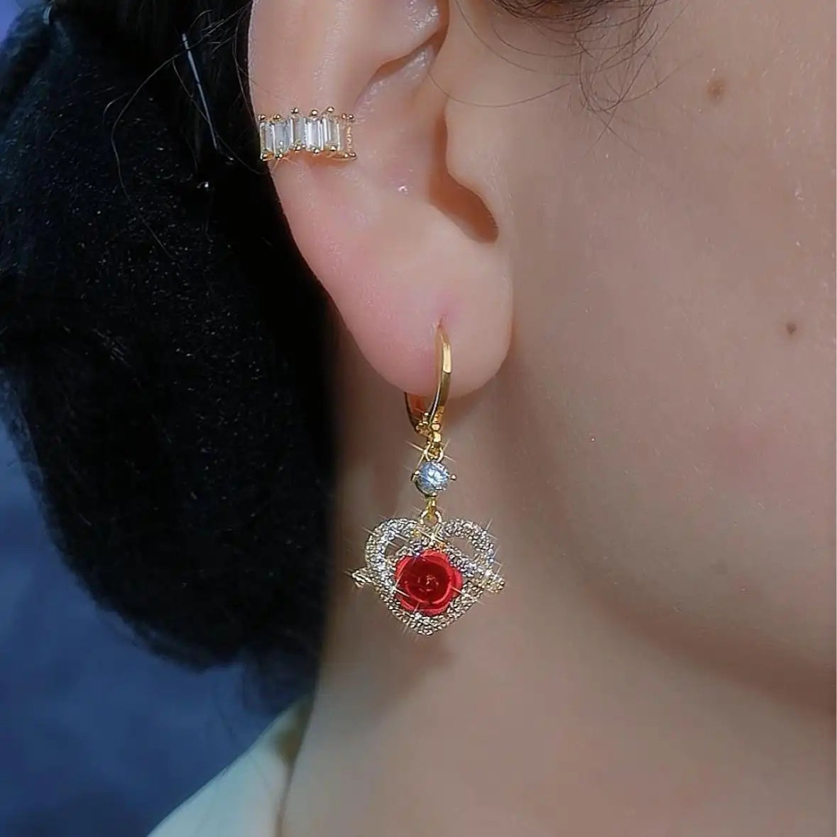 Red Crystal Heart Hoop Earrings