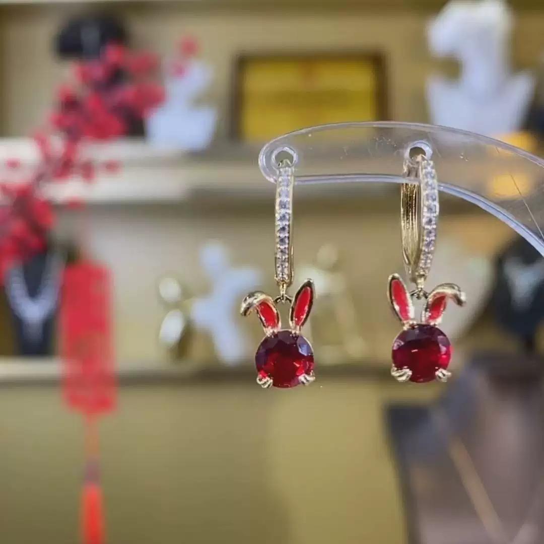 Red Crystal Rabbit Year Youthful Drop Earrings