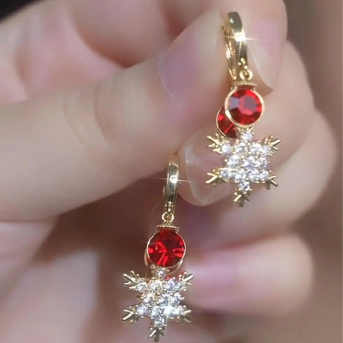 Red Crystal Snowflake Drop Earrings