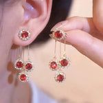 Red Crystal Tassel Needle Long Drop Earrings