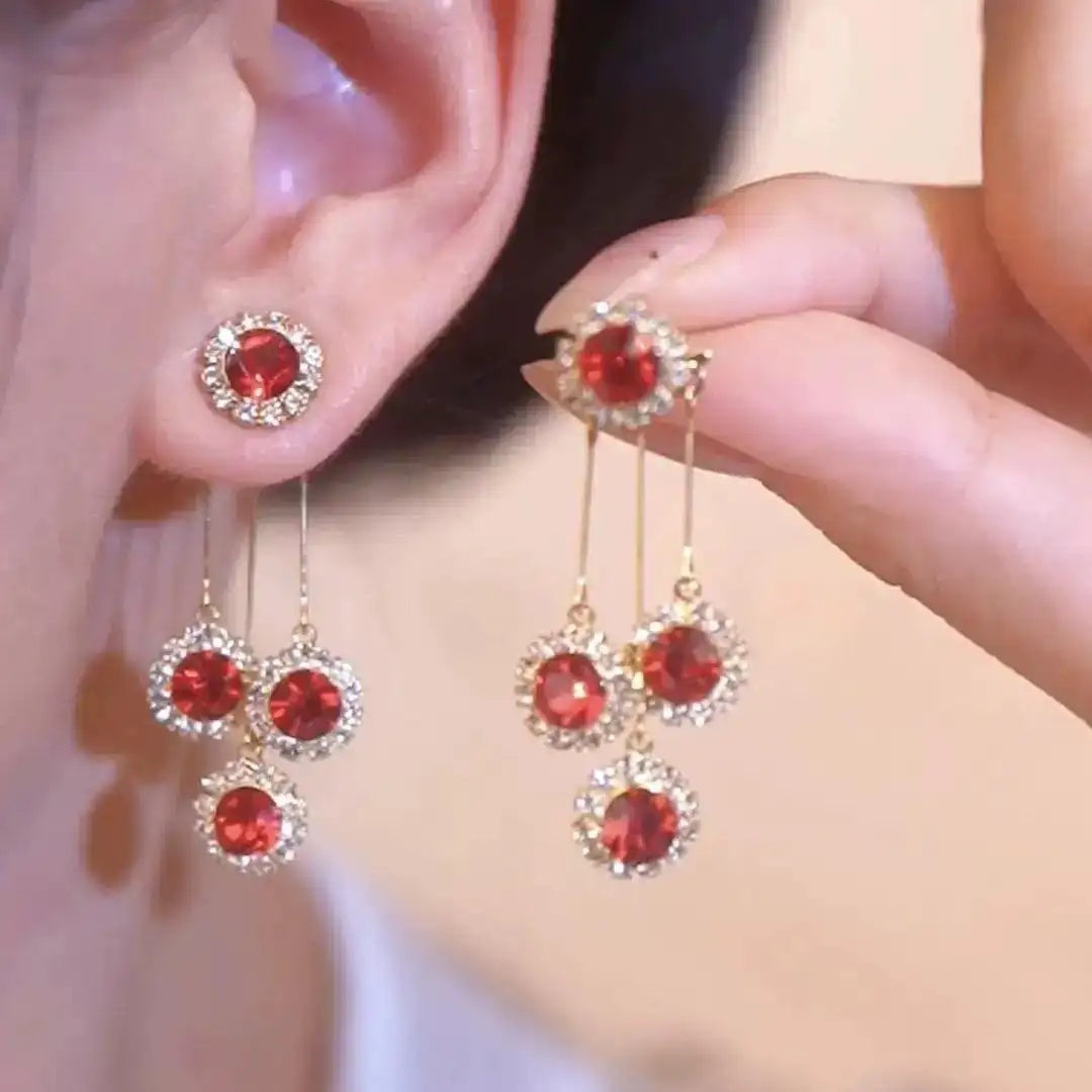 Red Crystal Tassel Needle Long Drop Earrings