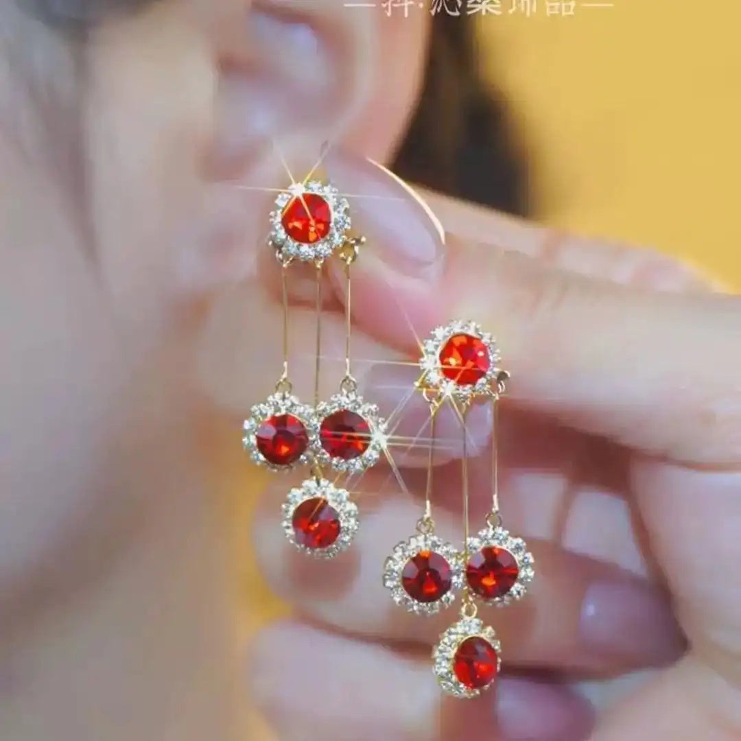 Red Crystal Tassel Needle Long Drop Earrings