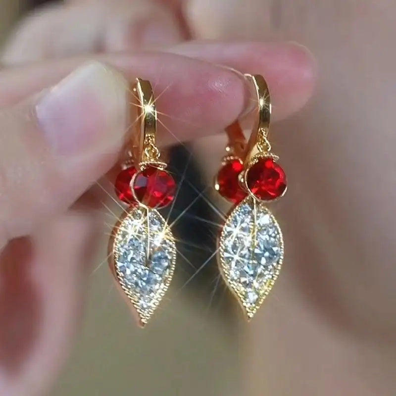 Red Double Leaf Hoop Earrings