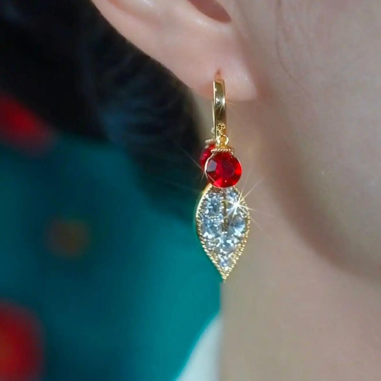 Red Double Leaf Hoop Earrings