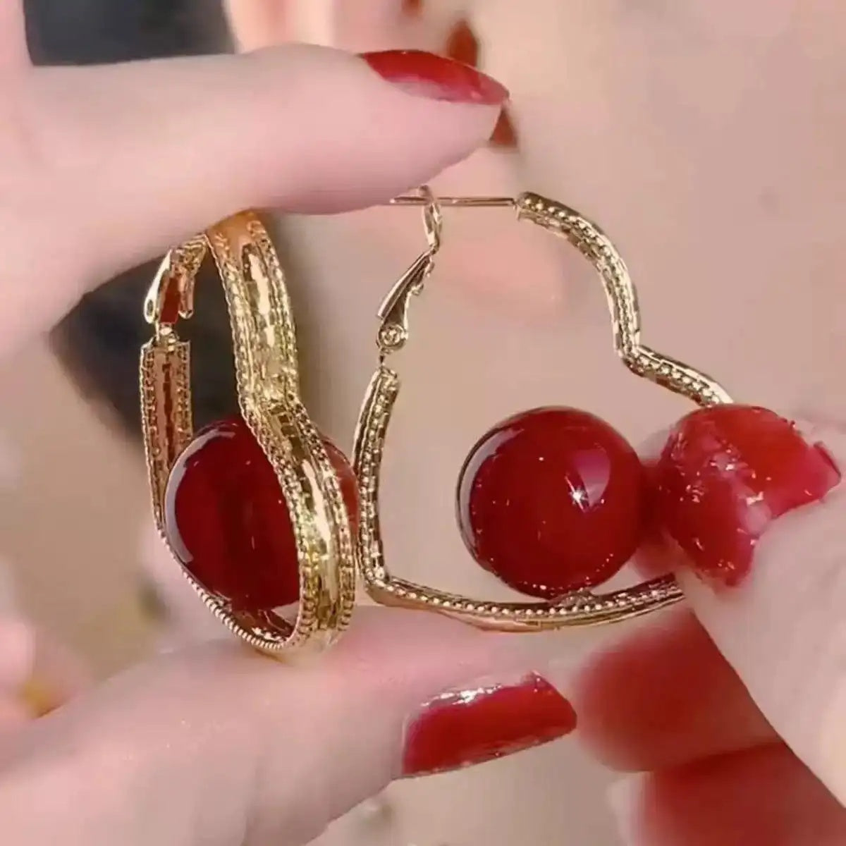 Red Exaggerated Heart Pearl Hoop Earrings