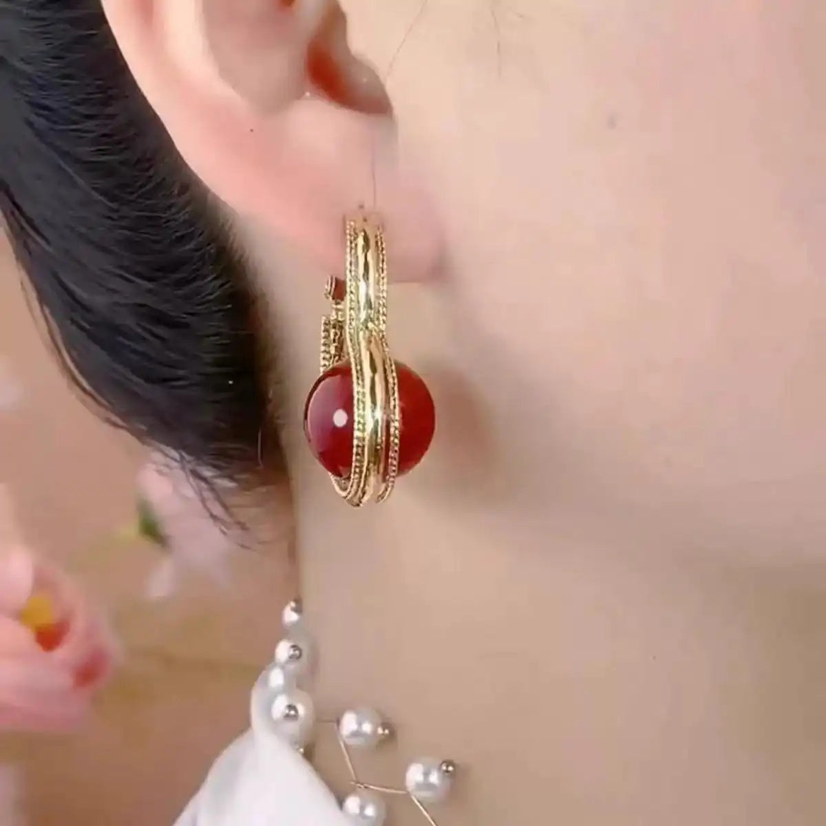 Red Exaggerated Heart Pearl Hoop Earrings