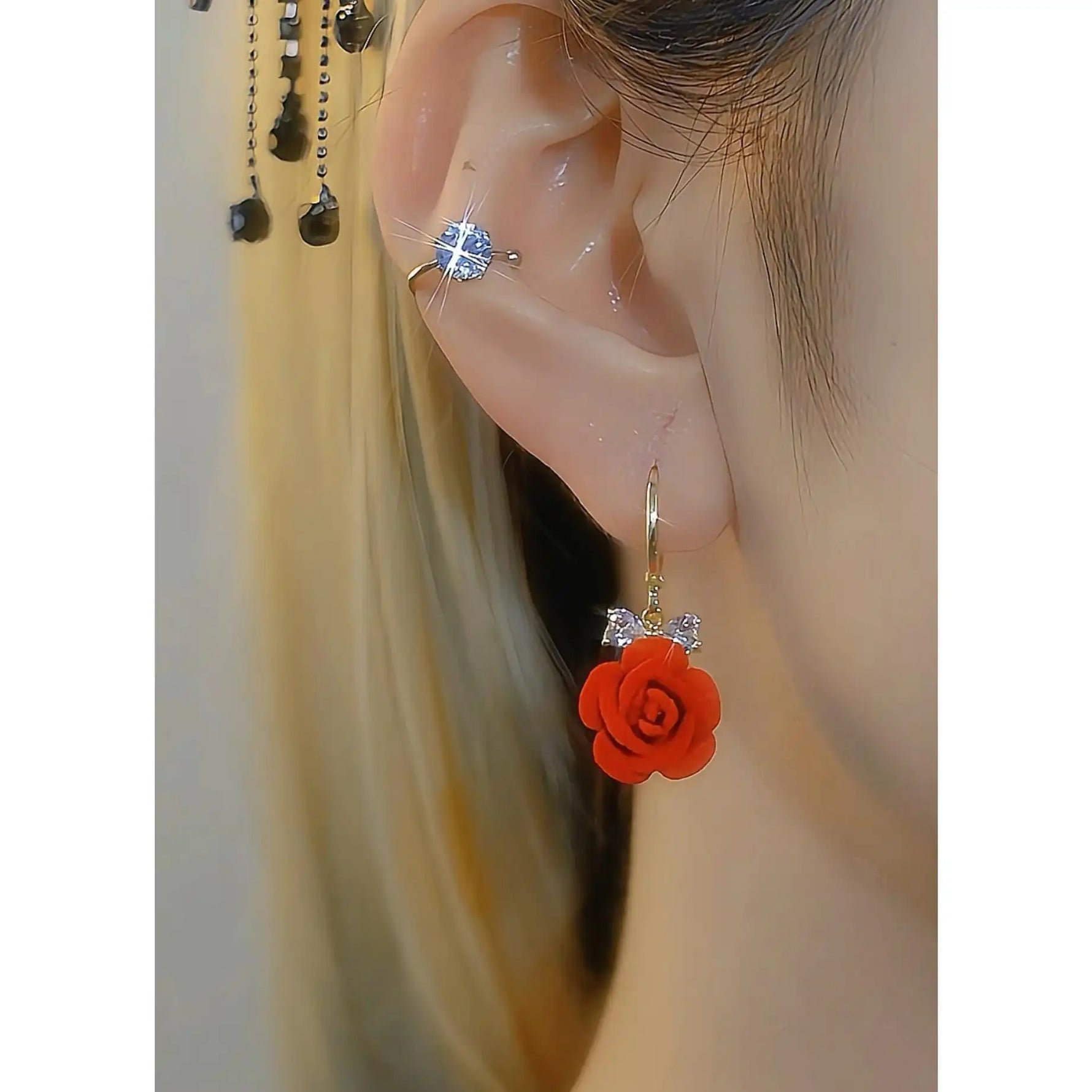 Red Flocking Rose Earrings