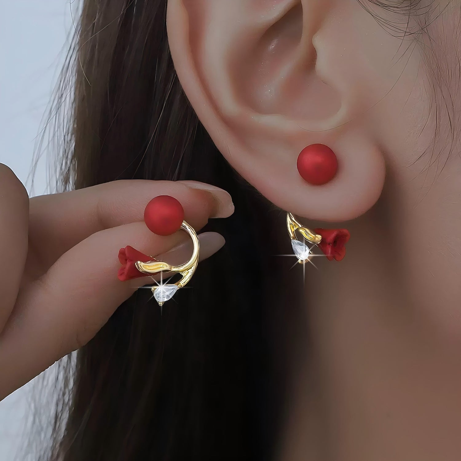 Red Flower Crystal Floral Gift Drop Earrings