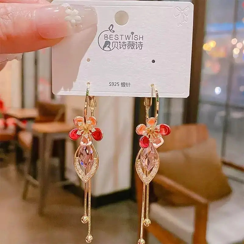 Red Flower Rhombus Crystal Drop Earrings