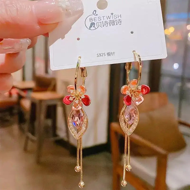 Red Flower Rhombus Crystal Drop Earrings