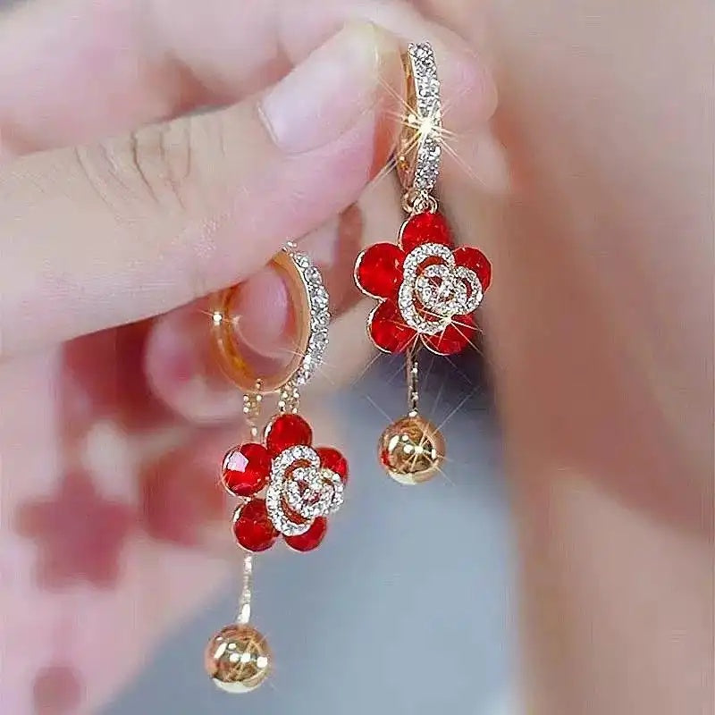 Red Flower Tassel Crystal Floral Drop Earrings