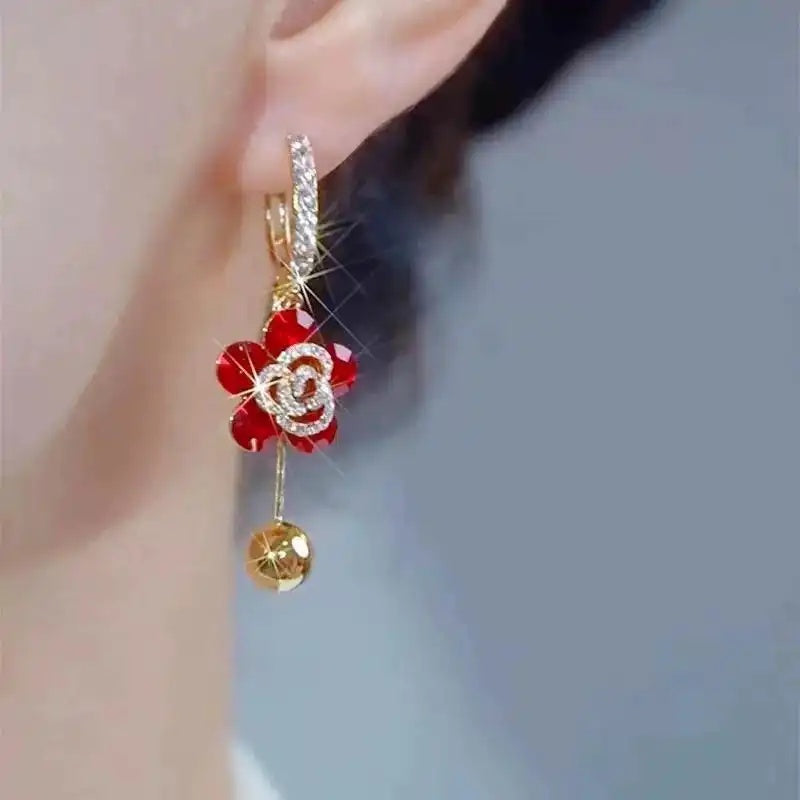 Red Flower Tassel Crystal Floral Drop Earrings
