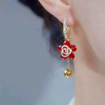 Red Flower Tassel Crystal Floral Drop Earrings