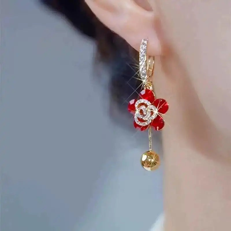 Red Flower Tassel Crystal Floral Drop Earrings