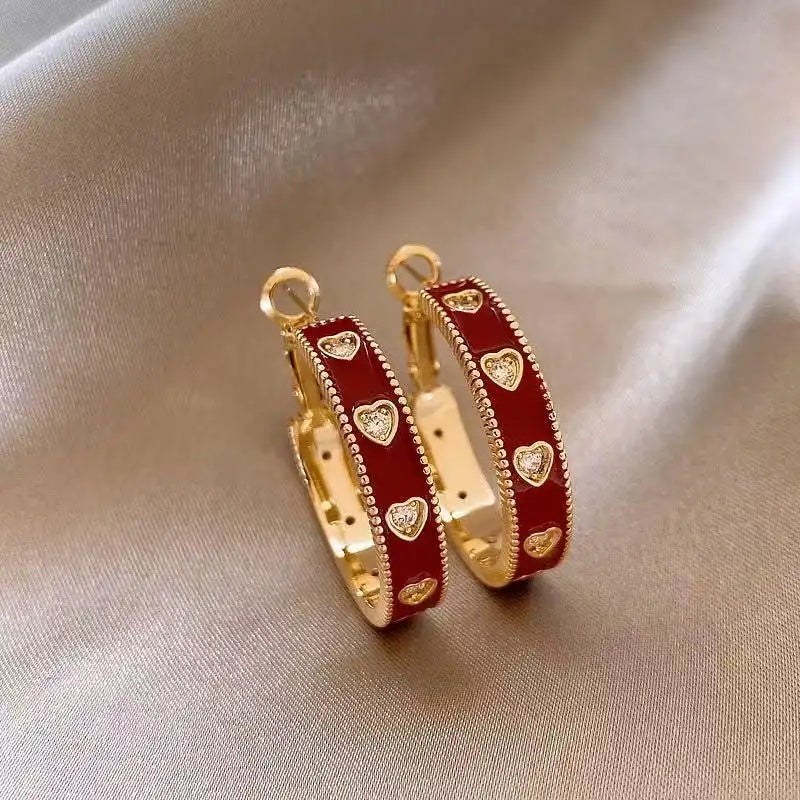Red Heart Crystal Circle Hoop Earrings