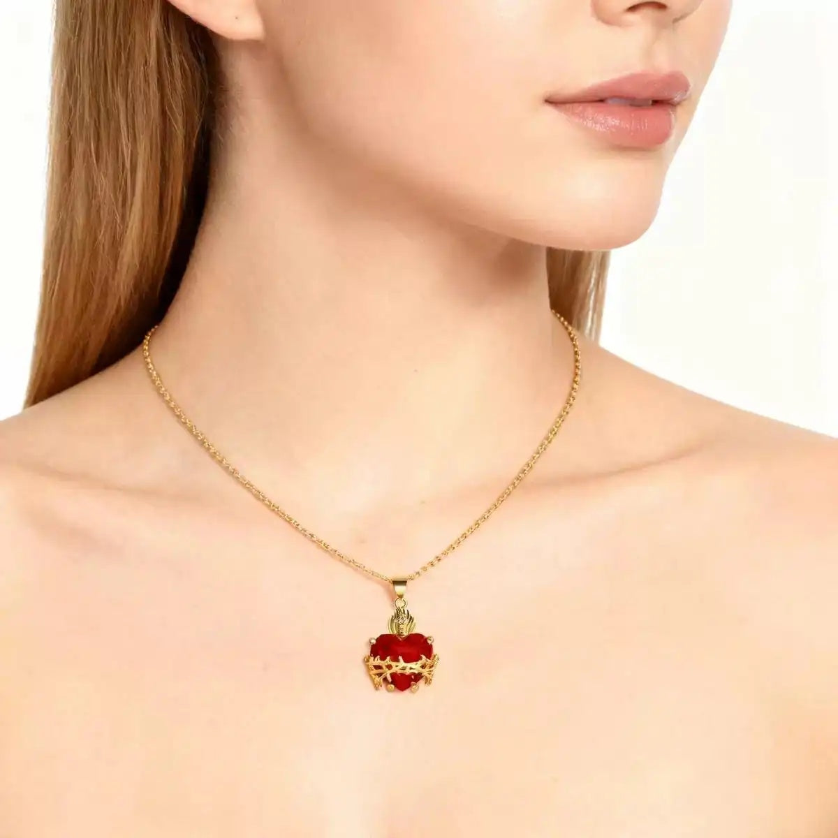 Red Heart Crystal Cross Pendant Necklace