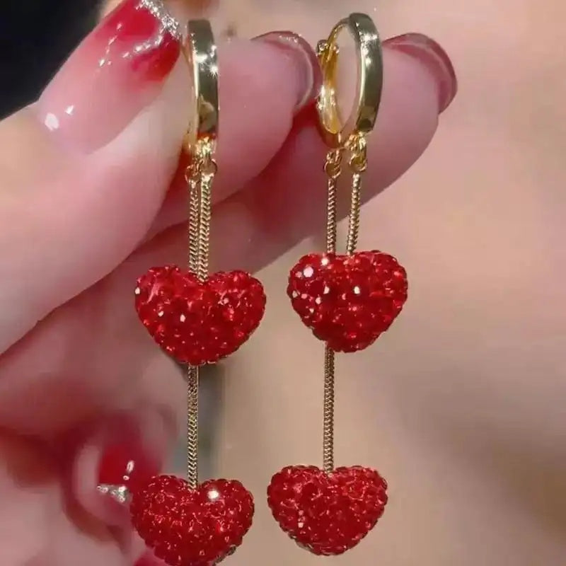 Red Heart Long Drop Earrings