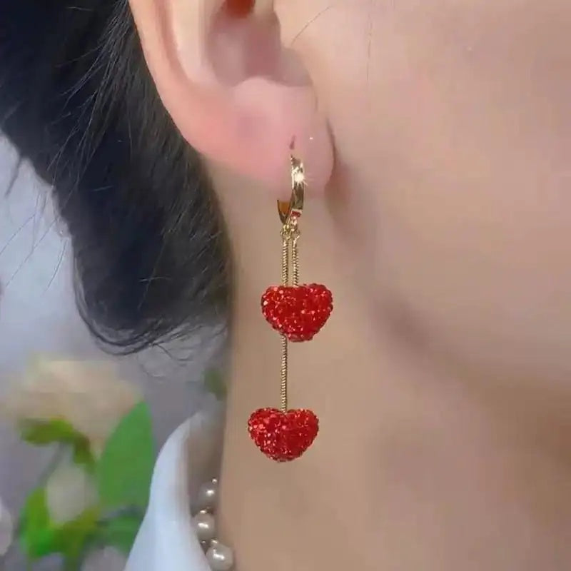 Red Heart Long Drop Earrings