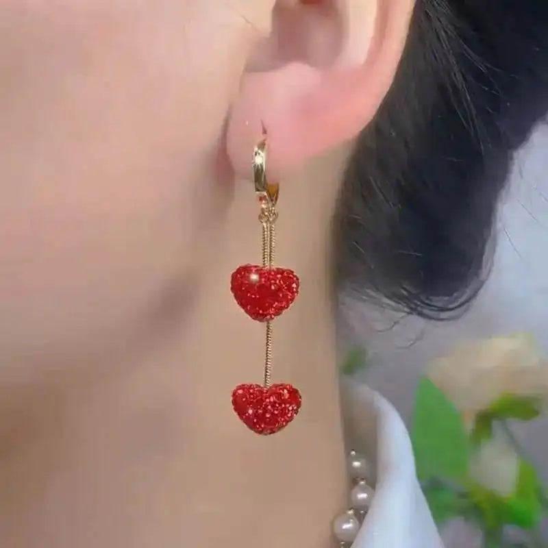 Red Heart Long Drop Earrings