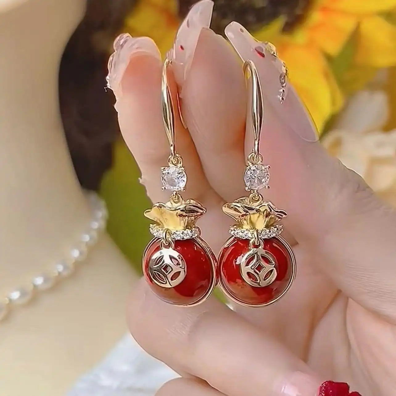 Red Lucky Pouch Drop Earrings