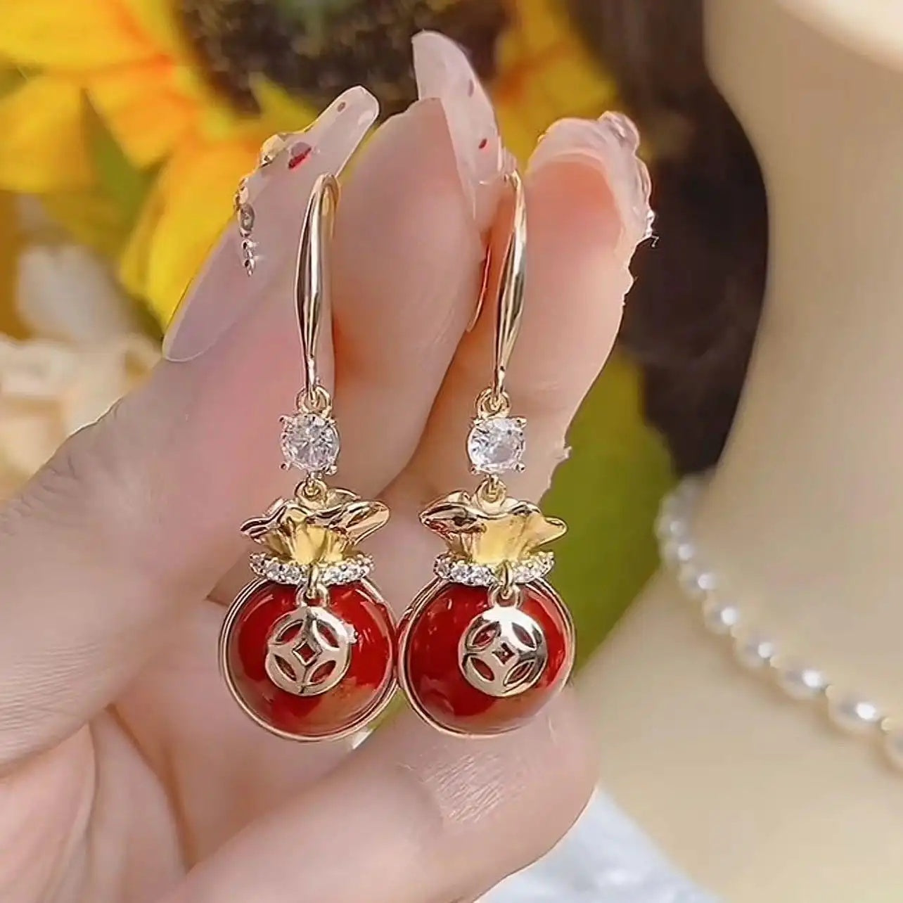 Red Lucky Pouch Drop Earrings