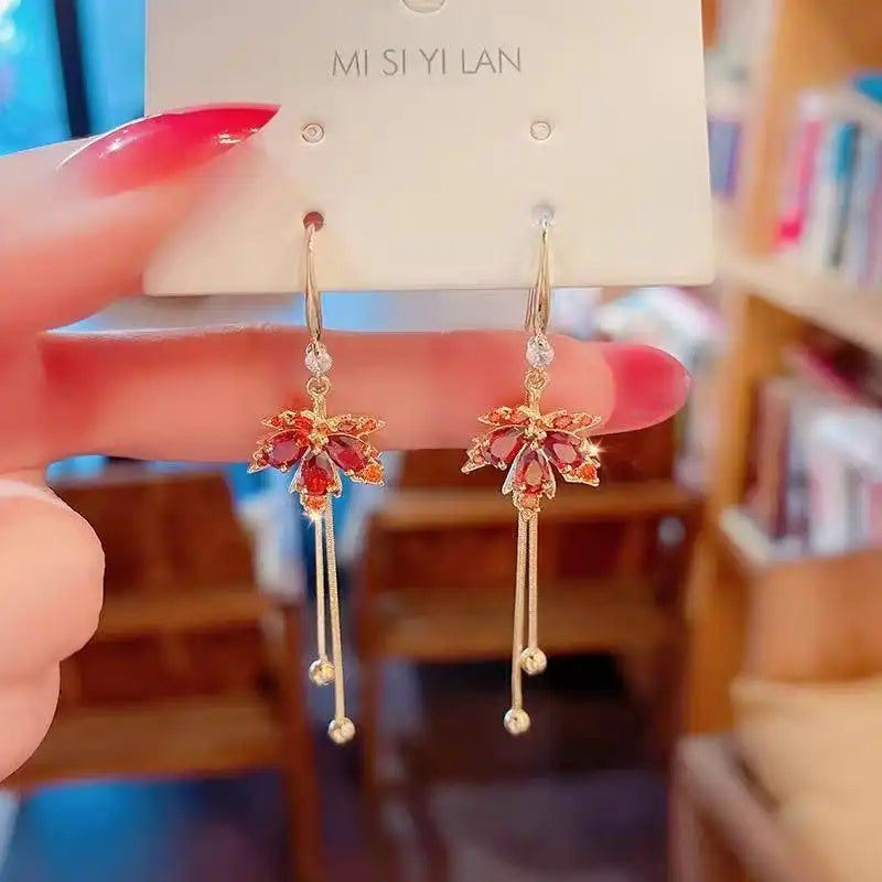 Red Maple Leaf Ear Hooks Earrings