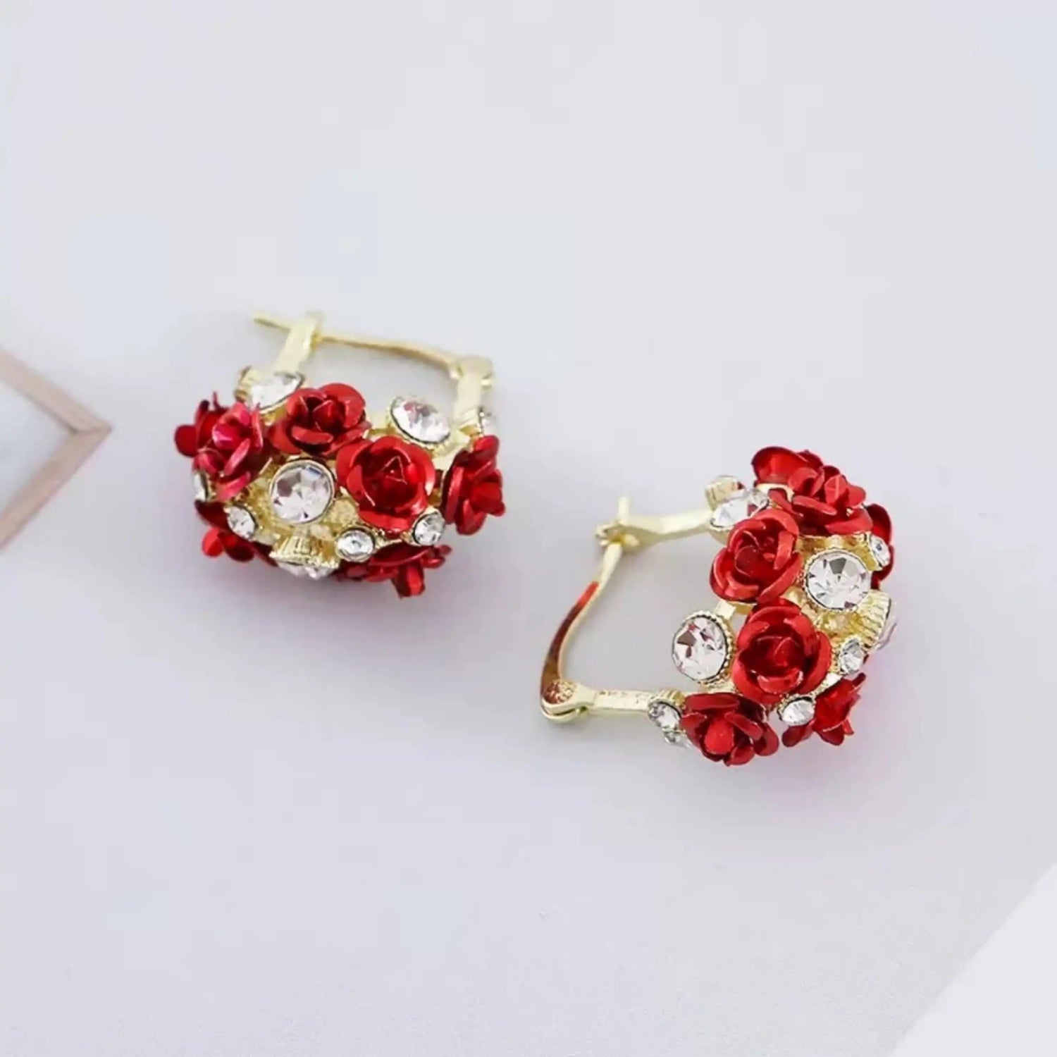 Red Rose Basket Floral Crystal Hoop Earrings