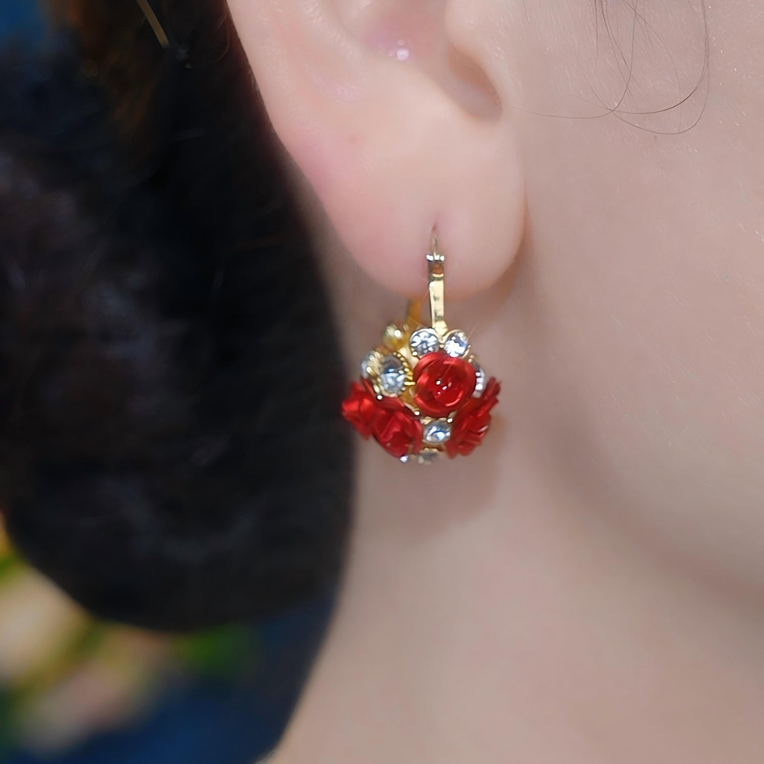 Red Rose Basket Floral Crystal Hoop Earrings