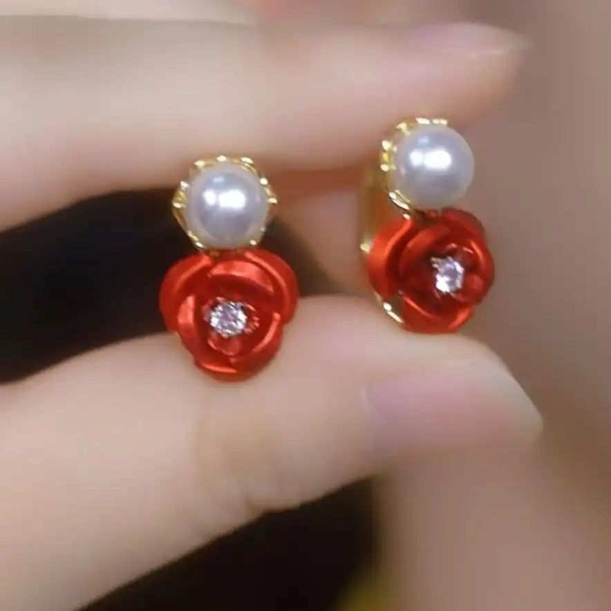 Red Rose Bead Drop Earrings