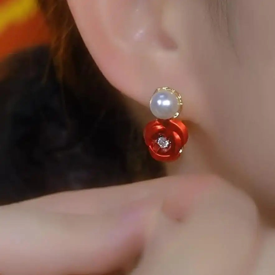 Red Rose Bead Drop Earrings