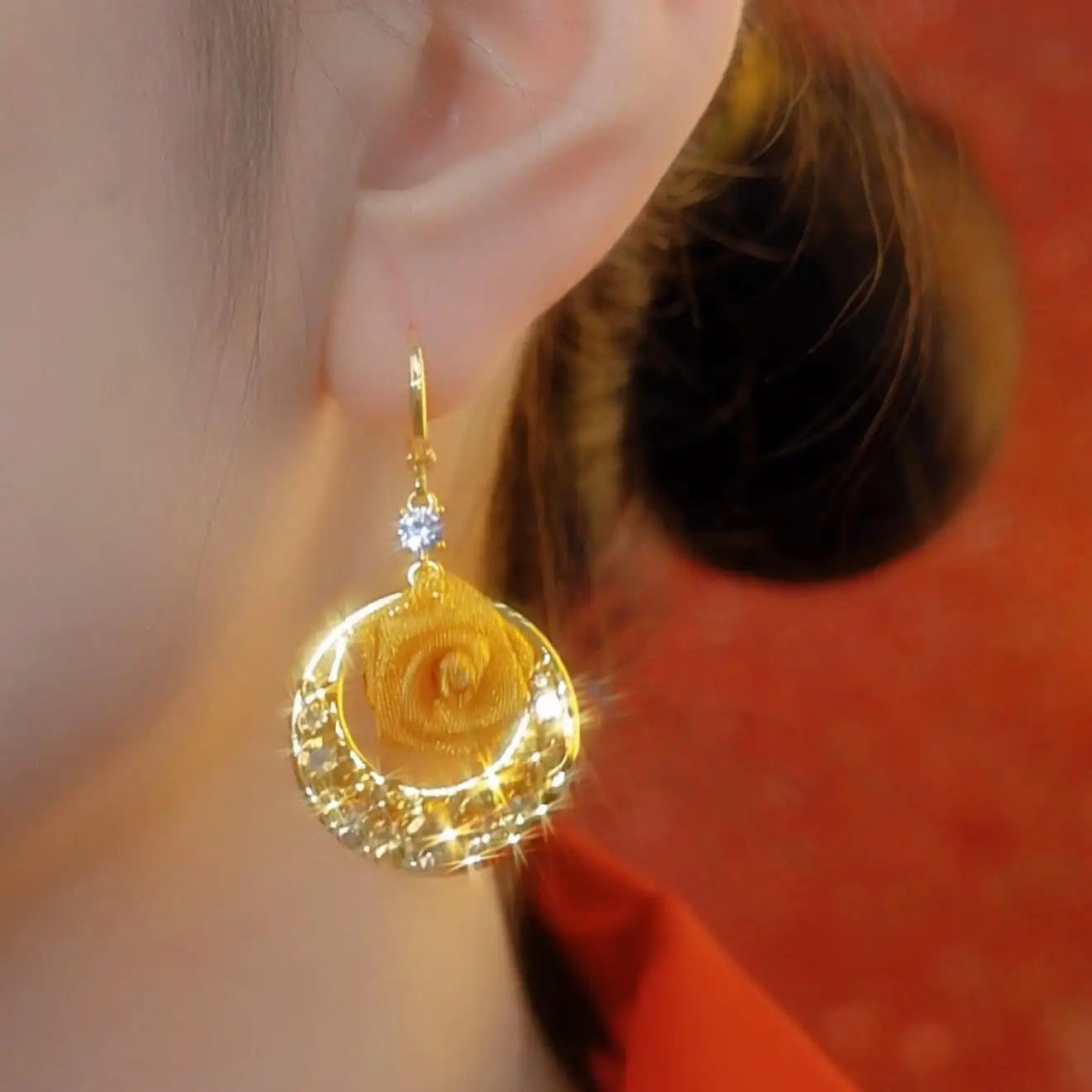 Red Rose Circle Drop Earrings