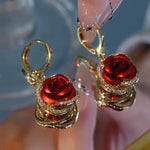Red Rose Flower Hoop Earrings