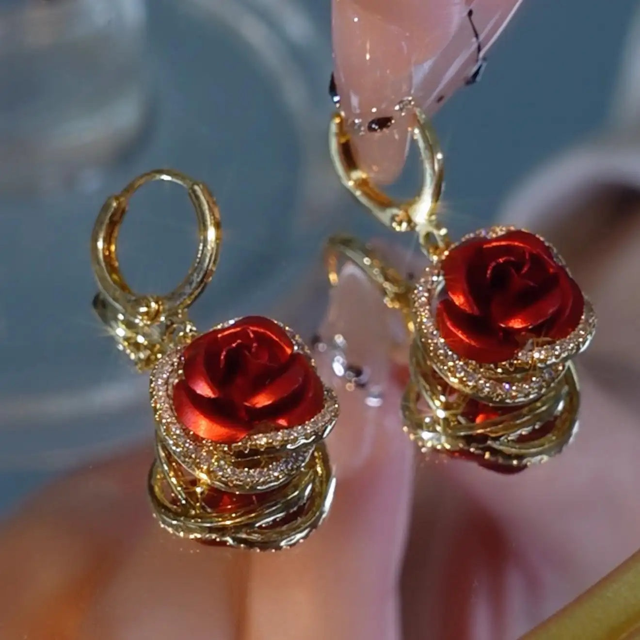 Red Rose Flower Hoop Earrings