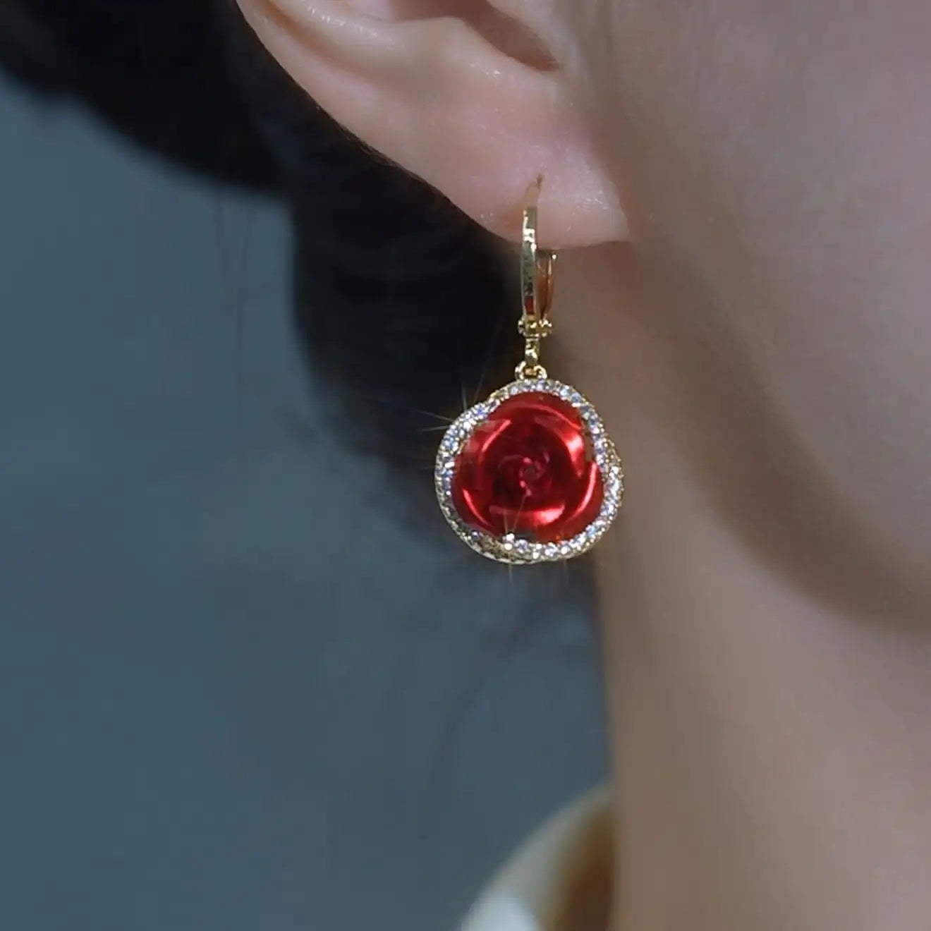 Red Rose Flower Hoop Earrings