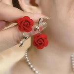 Red Rose Flower Stud Earrings